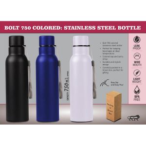 101-H307A*Bolt 750 Colored: Stainless Steel Single Wall Bottle | With Colored Cap And Carry Strap | Capacity 750ml Approx